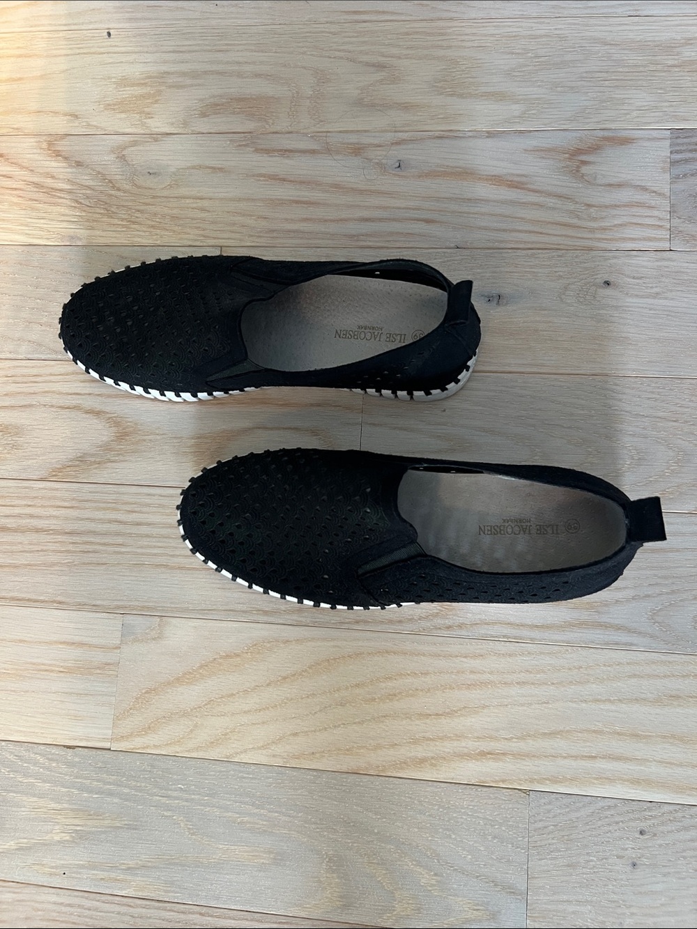 Ilse Jacobsen Black Slip-On Perforated Knit Loafers